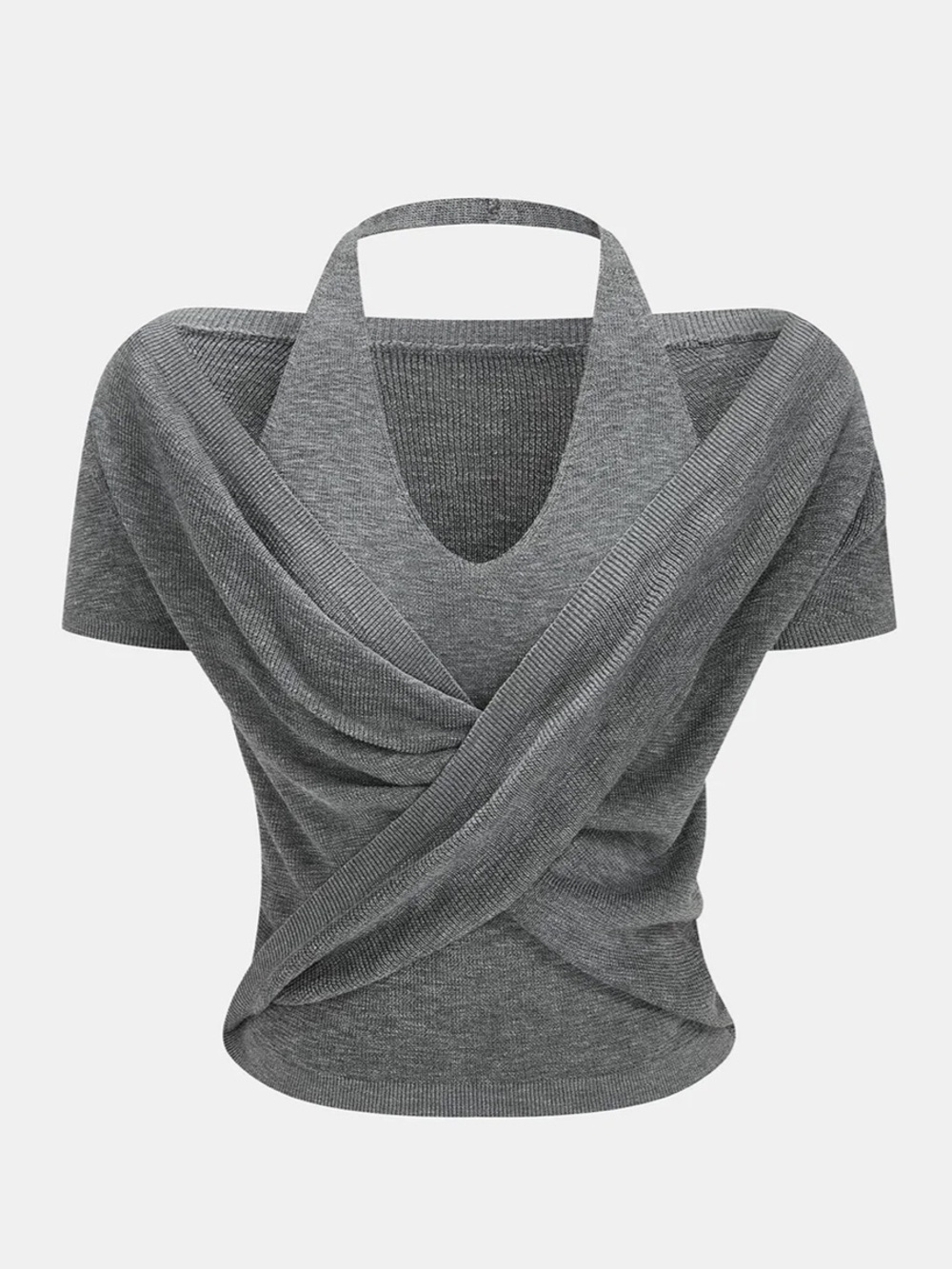 Commense Grey Crisscross Wrap Halter Knit Top Size M